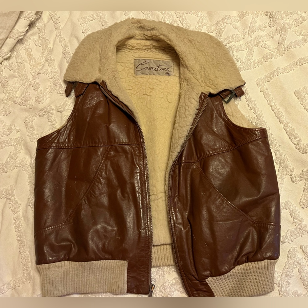 Vintage Brown Leather Comstock Vest with Shearling Lining
